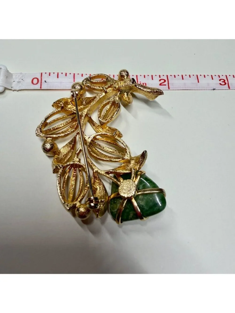 Vintage Lisner Gold-Tone Leaf Brooch With Green Stone & Faux Pearls Botanical